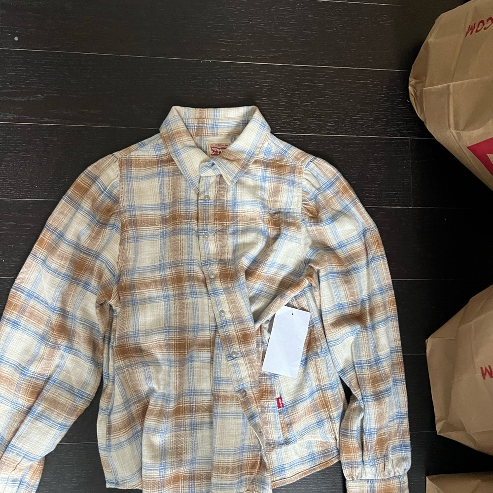Plaid Button-Up Jacket in Cream, Tan & Blue